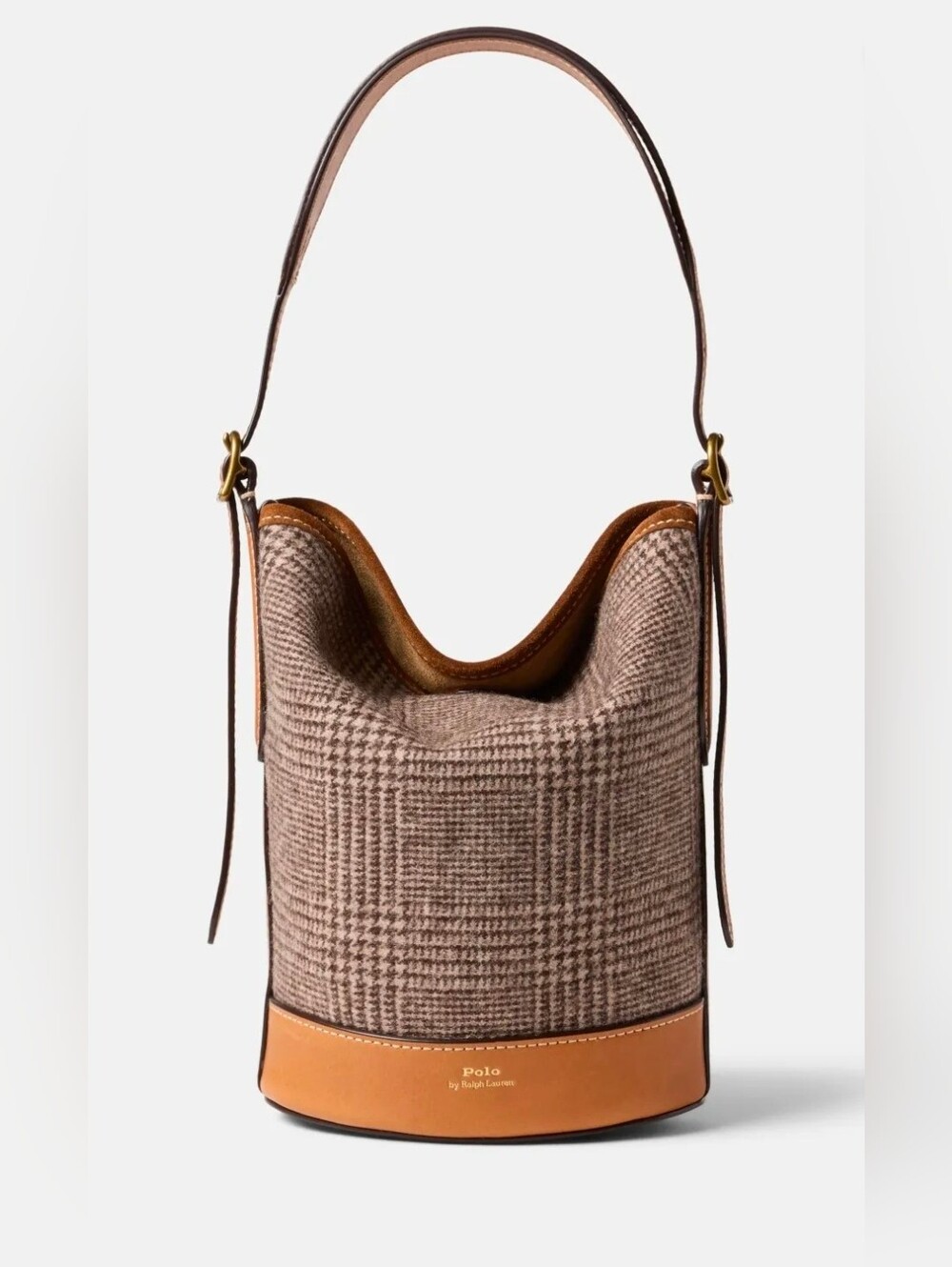 Polo Ralph Lauren Glen Houndstooth Plaid Bucket Bag Wool Brown Crossbody Bag